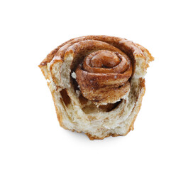 Tasty bitten cinnamon roll isolated on white
