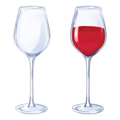 Watercolor Wine glasses one full of red wine and one empty isolated vector elements 