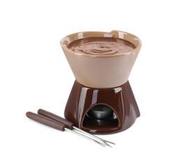 Fondue pot with melted chocolate and forks isolated on white
