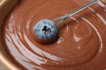 Dipping blueberry into fondue with melted chocolate, closeup