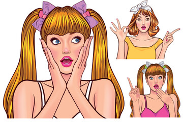 Set of beautiful girls comic pop art style with colorful fashion & hairstyle . Wow pop art face with sexy surprised expression. Vector illustration pop art retro comic style V8.