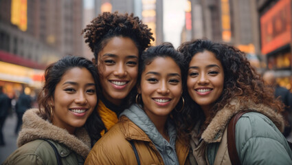 Fototapeta premium Four Radiant sisters smiling looking at camera with the City in the Background. Winter family trip. AI Generated