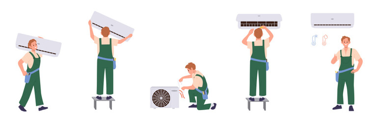 Conditioning service set with isolated professional technician workers repairing cooling system