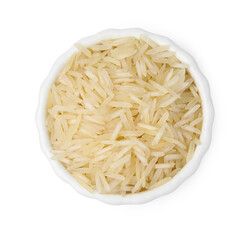 Raw rice in bowl isolated on white, top view