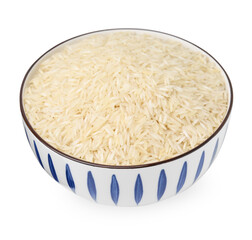 Raw rice in bowl isolated on white