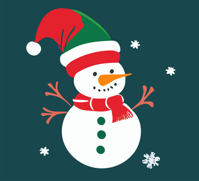 Vector christmas drawing with cartoon funny
snowman in red hat of santa claus and scarf, snowflake
on a blue background. 2024 New Year fashion
image for fabric, paper, textiles, 
children's clothing.