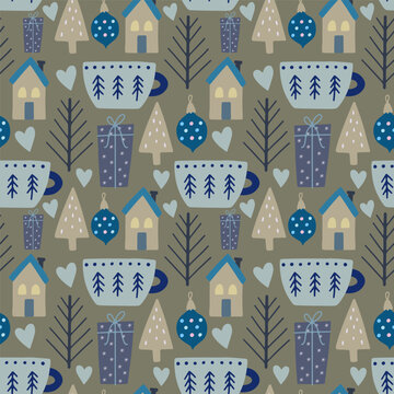 Christmas holiday vector seamless pattern in Scandinavian style, flat illustration.