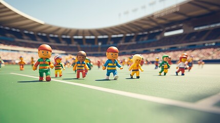 Miniature figures of athletes in sports uniforms running on the track. Group of plastic toys of marathon runners in motion. Human activity. Design for sport. Illustration for cover, card, decor or ad. - obrazy, fototapety, plakaty