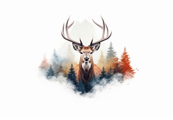 A large deer in a spruce forest. Wild animal in natural habitat. Nature background. Digital art in watercolor style. Illustration for cover, card, postcard, interior design, decor or print. - obrazy, fototapety, plakaty