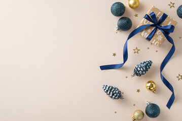 Revel in the festive vibes with this New Year-inspired scene. Top view giftbox, opulent baubles,...