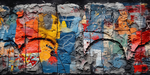 Berlin Wall graffiti, macro shot, vibrant colors, abstract close-up, textured layers, weathering effect