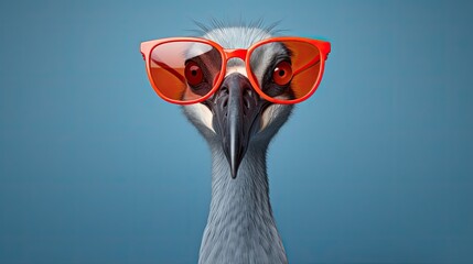 Fototapeta premium Crane with glasses. A close-up portrait of a crane. An anthopomorphic creature. A fictional character for advertising and marketing. Humorous character for graphic design.