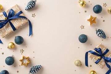 Uncover holiday joy under the tree: top view craft paper gifts, exquisite baubles, pine cone ornaments, starry candles, confetti on a pastel beige setting with ample space for text or promotions