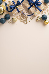 Unwrap the magic of New Year's delights. Vertical top view showcasing stylish gift parcels, lavish...