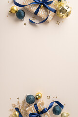 New Year Elegance: Top view vertical image featuring craft gift boxes, stylish baubles, snowflake ornament, and sparkling confetti on a pastel beige background. Perfect for New Year messages or ads