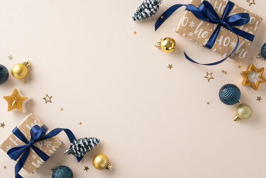Unwrap joy with New Year treasures. Overhead shot of rustic gift boxes, festive baubles, pine cone ornaments, starry candles, gleaming confetti on a soft neutral backdrop. Perfect for messages or ads