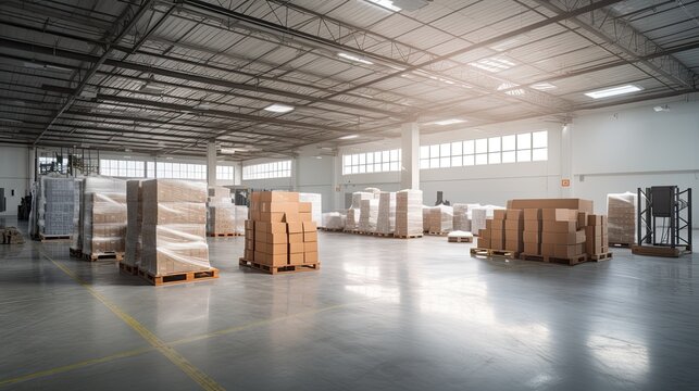 A large warehouse with numerous items. Rows of shelves with boxes.  Logistics. Inventory control, order fulfillment or space optimization. Illustration for advertising, marketing or presentation.