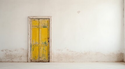The dilapidated wall of the building and the wooden door require major repairs. Facade of a house with damaged plaster. Photophone for retro shooting. Illustration for cover, card, interior design.