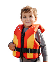 Close-up portrait of a little boy wearing orange life jacket, safety first, isolated, canva, png, cutout