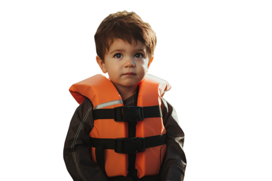 Close-up portrait of a little boy wearing orange life jacket, safety first, isolated, canva, png, cutout