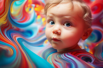 Fototapeta premium toddler's face, swirling patterns of vivid colors, resembling 1960s poster art, natural ambient light