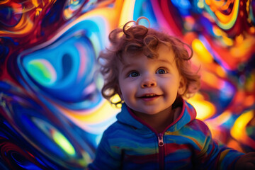 toddler's face, swirling patterns of vivid colors, resembling 1960s poster art, natural ambient light