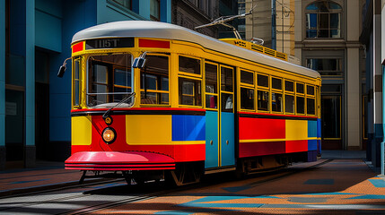 Naklejka premium San Francisco trolley, Kandinsky-style, fragmented, primary colors, energetic lines and shapes