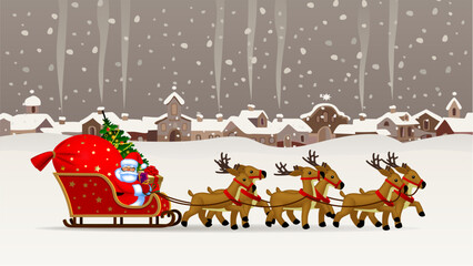 Naklejka premium Santa Claus with a red sack with gifts and a Christmas tree sitting in a reindeer sleigh in a snowy town. Christmas and New Year greeting card and poster template design. Vector Illustration