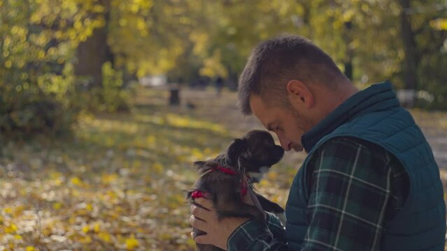 A happy man is playing with a dog in the park on a walk. The concept of joy and smiles, love for pets in the autumn landscape of nature. High quality 4k footage
