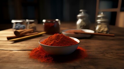 A wooden table with a bowl of red chili powder - obrazy, fototapety, plakaty
