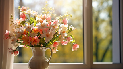 beautiful flowers in a vase with window