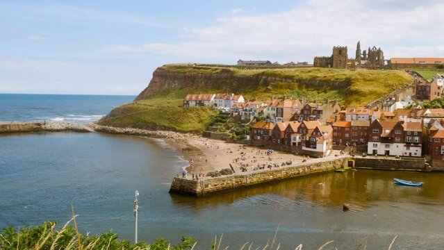 Wide view of Whitby, a seaside town, port and civil parish in the Scarborough borough of North Yorkshire, England, UK