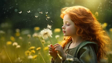 Fotobehang little red-haired girl blowing a dandelion in a field © Daniel