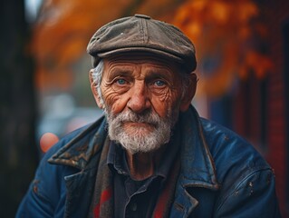 Obraz premium Portrait of an elderly man in a cap on the street.