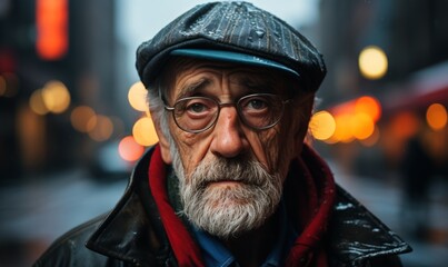 Obraz premium Portrait of an elderly man in a cap on the street.