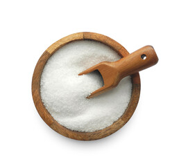Natural salt in wooden bowl with scoop isolated on white background top view    