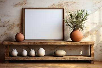 Stylish cozy living room retro style interior with wooden cabinet, cement wall decoration, poster mockup on the wall