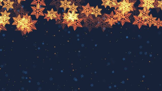 Abstract festive background with animated falling snow golden snowflakes border and shiny sparkles on dark blue backdrop with copy space. Decorative video animation for Christmas or New Year holiday.