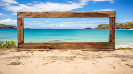 Weathered wooden frame on sandy beach with sea background.