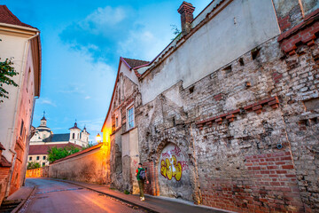 Old buildings in Vilnius city center at summer sunset, Lithuania