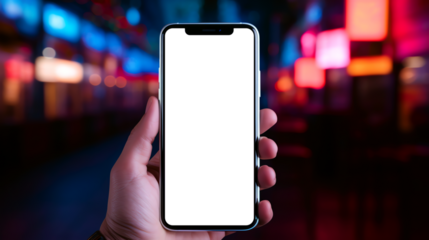 smartphone in hand blank screen with city nightlife lights background
