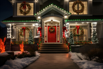 Illuminated house with Christmas wreaths and red ribbons, a welcoming holiday scene
