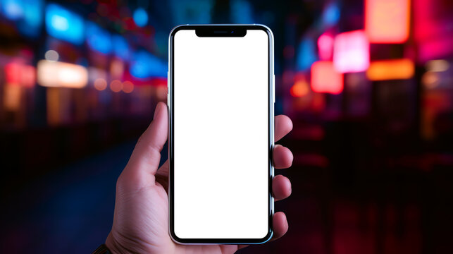 smartphone in hand blank screen with city nightlife lights background