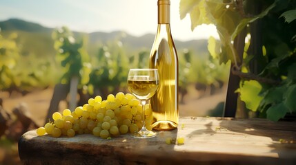 Glass of  white wine ripe grapes and bottle