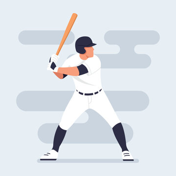 Vector illustration of a baseball player. Cartoon scene of a male baseball player wearing a uniform holding a bat and swinging it isolated on a gray background. The player is a hitter. Team game.