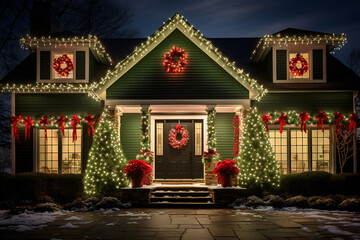 Fototapeta premium Grand home exterior with Christmas lights and wreaths, celebrating the warmth of the season