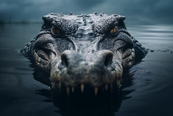the alligator floating in the water balanced symmetry expressive facial features contrast-focused...