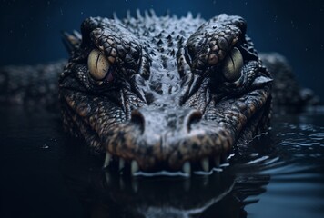 the alligator floating in the water balanced symmetry expressive facial features contrast-focused photos - obrazy, fototapety, plakaty