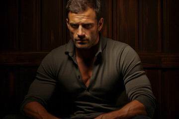 Obraz premium Confident, romantic male with dark gaze, broad shoulders and muscles in his 30s.