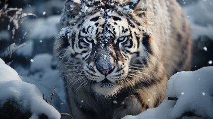 Fototapeta na wymiar snow tiger in the winter with the snow